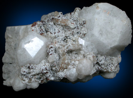Analcime, Natrolite, Rhodochrosite on Albite from De-Mix Quarry, Mont Saint-Hilaire, Québec, Canada