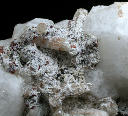 Analcime, Natrolite, Rhodochrosite on Albite from De-Mix Quarry, Mont Saint-Hilaire, Qubec, Canada