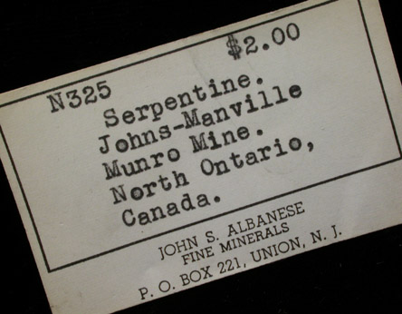 Serpentine from Johns-Manville Munro Mine, Ontario, Canada