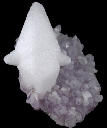 Calcite (twinned crystals) on Amethyst from Guanajuato, Mexico