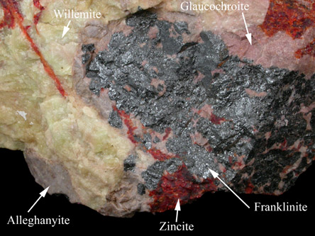 Willemite, Glaucochroite, Alleghanyite, Zincite, Franklinite from Franklin Mining District, Sussex County, New Jersey (Type Locality for Glaucochroite, Zincite and Franklinite)