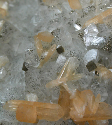 Stilbite, Calcite, Pyrite from Moore's Station Quarry, 44 km northeast of Philadelphia, Mercer County, New Jersey