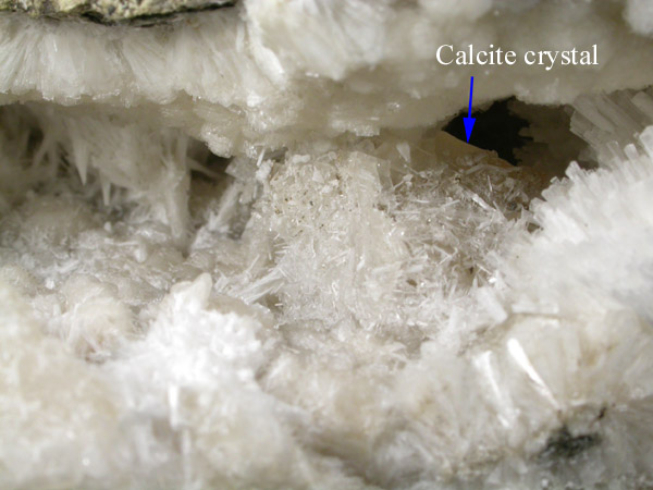 Natrolite over Calcite from Moore's Station Quarry, 44 km northeast of Philadelphia, Mercer County, New Jersey