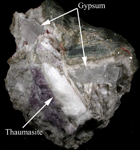 Gypsum, Thaumasite, Amethyst Quartz from Paterson, Passaic County, New Jersey