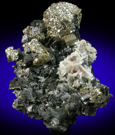 Pyrite on Chalcopyrite over Sphalerite with Quartz from Deveti Septemvri Mine, Madan District, Rhodope Mountains, Bulgaria