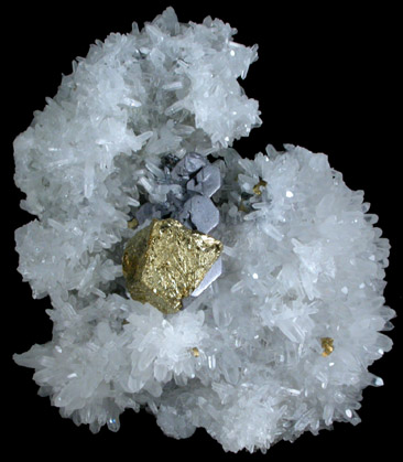 Chalcopyrite epitaxially oriented on Galena on Quartz from Deveti Septemvri Mine, Madan District, Rhodope Mountains, Bulgaria