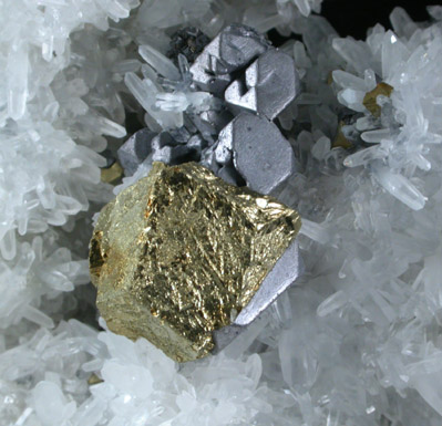 Chalcopyrite epitaxially oriented on Galena on Quartz from Deveti Septemvri Mine, Madan District, Rhodope Mountains, Bulgaria