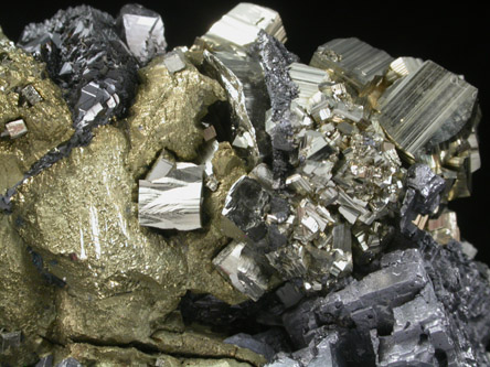 Pyrite on Chalcopyrite over Sphalerite with Galena from Deveti Septemvri Mine, Madan District, Rhodope Mountains, Bulgaria