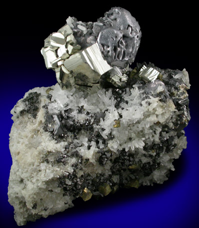 Pyrite and Galena on Quartz with Sphalerite, Chalcopyrite from Deveti Septemvri Mine, Madan District, Rhodope Mountains, Bulgaria