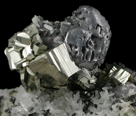 Pyrite and Galena on Quartz with Sphalerite, Chalcopyrite from Deveti Septemvri Mine, Madan District, Rhodope Mountains, Bulgaria