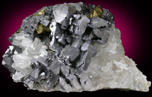 Galena (distorted crystals) with Chalcopyrite on Quartz from Deveti Septemvri Mine, Madan District, Rhodope Mountains, Bulgaria