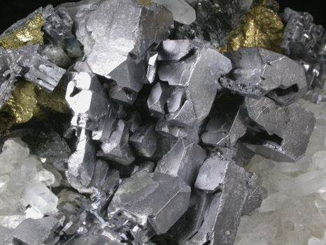 Galena (distorted crystals) with Chalcopyrite on Quartz from Deveti Septemvri Mine, Madan District, Rhodope Mountains, Bulgaria