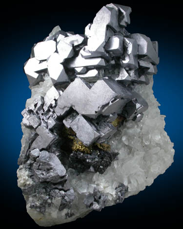 Galena (distorted crystals) with Chalcopyrite on Quartz from Deveti Septemvri Mine, Madan District, Rhodope Mountains, Bulgaria