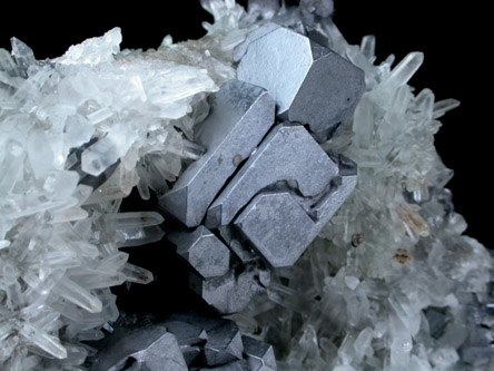 Galena (distorted crystals) on Quartz from Deveti Septemvri Mine, Madan District, Rhodope Mountains, Bulgaria