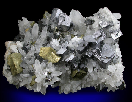 Galena (distorted crystals) with Chalcopyrite on Quartz from Deveti Septemvri Mine, Madan District, Rhodope Mountains, Bulgaria