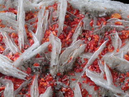 Stibnite and Realgar on Quartz pseudomorphs after Barite from Julcani District, Huancavelica, Peru