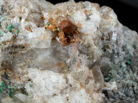 Topaz, Quartz, Chalcosiderite var. Alumo-Chalcosiderite from Schneckenstein Cliff, Kielberg Mountain, Vogtland, Saxony, Germany (Type Locality for Alumo-Chalcosiderite)