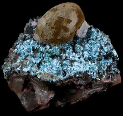 Kolwezite and Plancheite over Calcite from Mashamba West Mine, 13 km west of Kolwezi, Katanga Copperbelt, Lualaba Province, Democratic Republic of the Congo (Type Locality for Kolwezite)