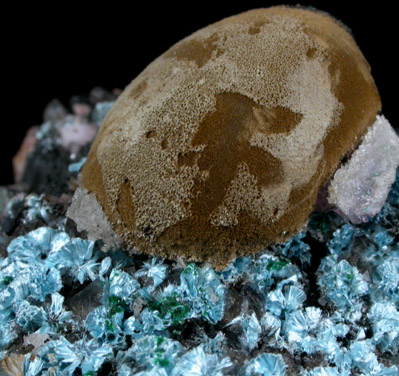 Kolwezite and Plancheite over Calcite from Mashamba West Mine, 13 km west of Kolwezi, Katanga Copperbelt, Lualaba Province, Democratic Republic of the Congo (Type Locality for Kolwezite)