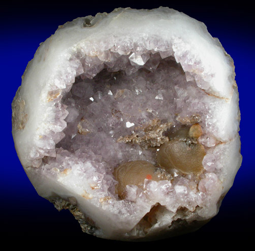 Fluorite (rare botryoidal form) on Quartz var. Amethyst Geode from Tekhdi, Madhya Pradesh, India