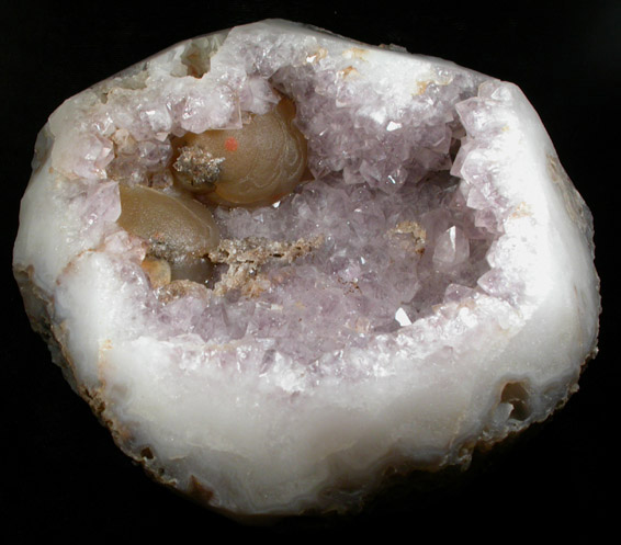 Fluorite (rare botryoidal form) on Quartz var. Amethyst Geode from Tekhdi, Madhya Pradesh, India