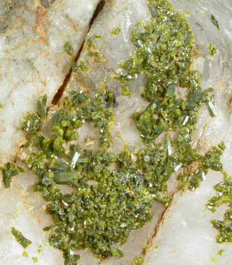 Pyromorphite on Quartz from Wheatley Mine, Phoenixville, Chester County, Pennsylvania