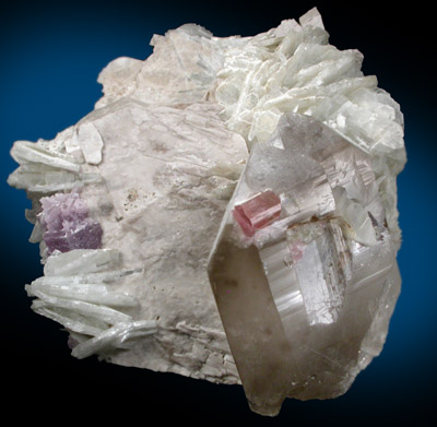Elbaite Tourmaline on Quartz with Albite, Microcline, Lepidolite from Himalaya Mine, Mesa Grande District, San Diego County, California