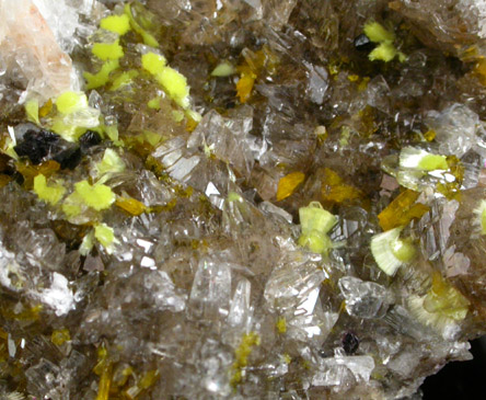 Haiweeite, Uranophane, Calcite from Teofilo Otoni, Minas Gerais, Brazil