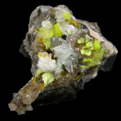 Haiweeite, Uranophane, Calcite, Fluorite from Teofilo Otoni, Minas Gerais, Brazil