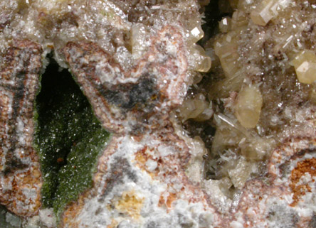 Mimetite with Calcite, Duftite from Tsumeb Mine, Otavi-Bergland District, Oshikoto, Namibia (Type Locality for Duftite)