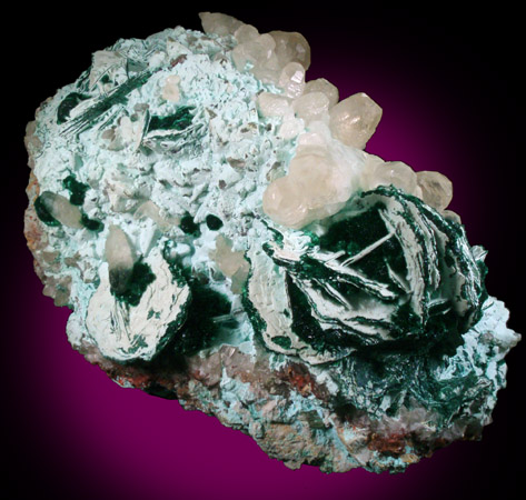 Calcite, Chrysocolla, Malachite from Mashamba Mines, 10 km west of Kolwezi, Katanga Copperbelt, Lualaba Province, Democratic Republic of the Congo