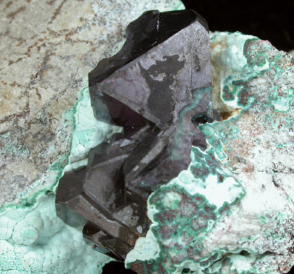 Cuprite on Chrysocolla from Musonoi Mine, Kolwezi District, Katanga Copperbelt, Lualaba Province, Democratic Republic of the Congo