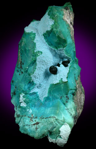 Libethenite on Chrysocolla from 79 Mine, Banner District, near Hayden, Gila County, Arizona