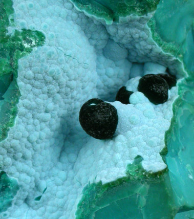 Libethenite on Chrysocolla from 79 Mine, Banner District, near Hayden, Gila County, Arizona