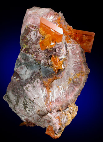 Wulfenite and Mimetite on Barite from Rowley Mine, 20 km northwest of Theba, Painted Rock Mountains, Maricopa County, Arizona