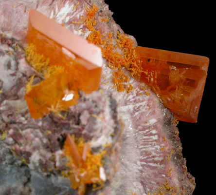 Wulfenite and Mimetite on Barite from Rowley Mine, 20 km northwest of Theba, Painted Rock Mountains, Maricopa County, Arizona