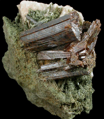 Rutile, Aegirine, Calcite from Little Dam Lake, Perkins, Qubec, Canada