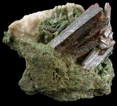 Rutile, Aegirine, Calcite from Little Dam Lake, Perkins, Qubec, Canada