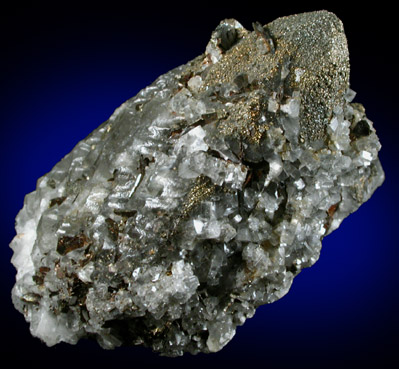 Calcite with Pyrite, Pyrrhotite, Apophyllite from Gaspe Copper Company Mine, Murdochville, Gaspe Peninsula, Québec, Canada