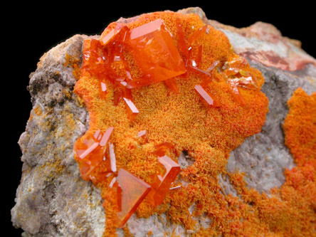 Wulfenite and Mimetite on Barite from Rowley Mine, 20 km northwest of Theba, Painted Rock Mountains, Maricopa County, Arizona