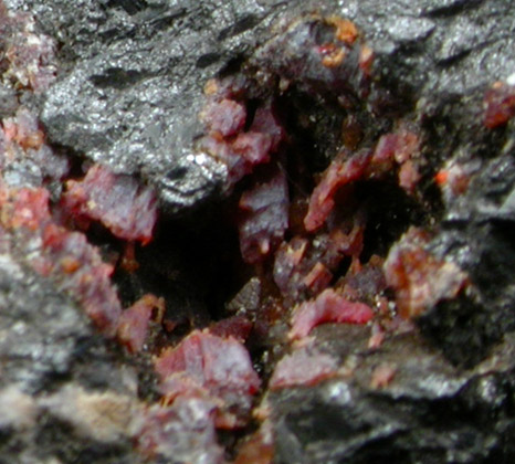 Zincite (crystals!) on Franklinite with Willemite from Franklin, Sussex County, New Jersey (Type Locality for Zincite and Franklinite)