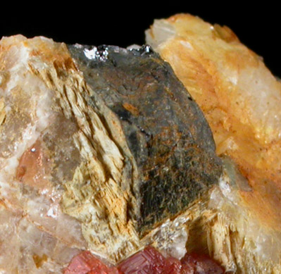 Tantalite-(Mn) with Spessartine Garnet in Albite from Rutherford Mine, Amelia Courthouse, Amelia County, Virginia