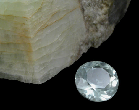 Beryl var. Aquamarine (2.02 carat round-cut gemstone and natural crystal) from Tripp Mine, Alstead, Cheshire County, New Hampshire