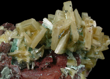 Barite and Chrysocolla on Calcite from Kolwezi Mining District, 240 km WNW of Lubumbashi, Katanga Copperbelt, Lualaba Province, Democratic Republic of the Congo