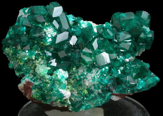 Dioptase on Calcite and Duftite from Tsumeb Mine, Otavi-Bergland District, Oshikoto, Namibia (Type Locality for Duftite)