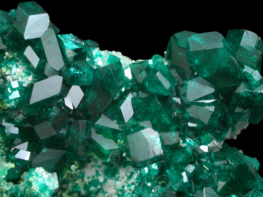 Dioptase on Calcite and Duftite from Tsumeb Mine, Otavi-Bergland District, Oshikoto, Namibia (Type Locality for Duftite)