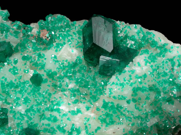 Dioptase on Calcite from Tsumeb Mine, Otavi-Bergland District, Oshikoto, Namibia