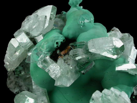 Barite on Malachite from Shinkolobwe Mine, 22 km WSW of Likasi, Katanga Copperbelt, Haut-Katanga Province, Democratic Republic of the Congo