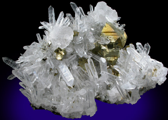 Fluorite and Chalcopyrite on Quartz from Huaron District, Cerro de Pasco Province, Pasco Department, Peru