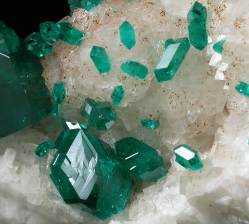 Dioptase on Calcite from Tsumeb Mine, Otavi-Bergland District, Oshikoto, Namibia